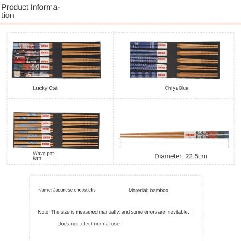 Bamboo Wood Handmade Chopsticks 5 pairs reusable